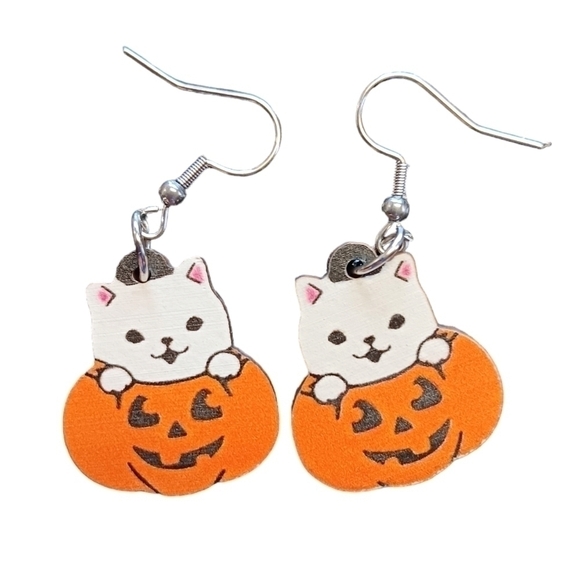 Cat Kitten Pumpkin Halloween Earrings drop dangle Cute Fantasy Lightweight Wood - Picture 1 of 5